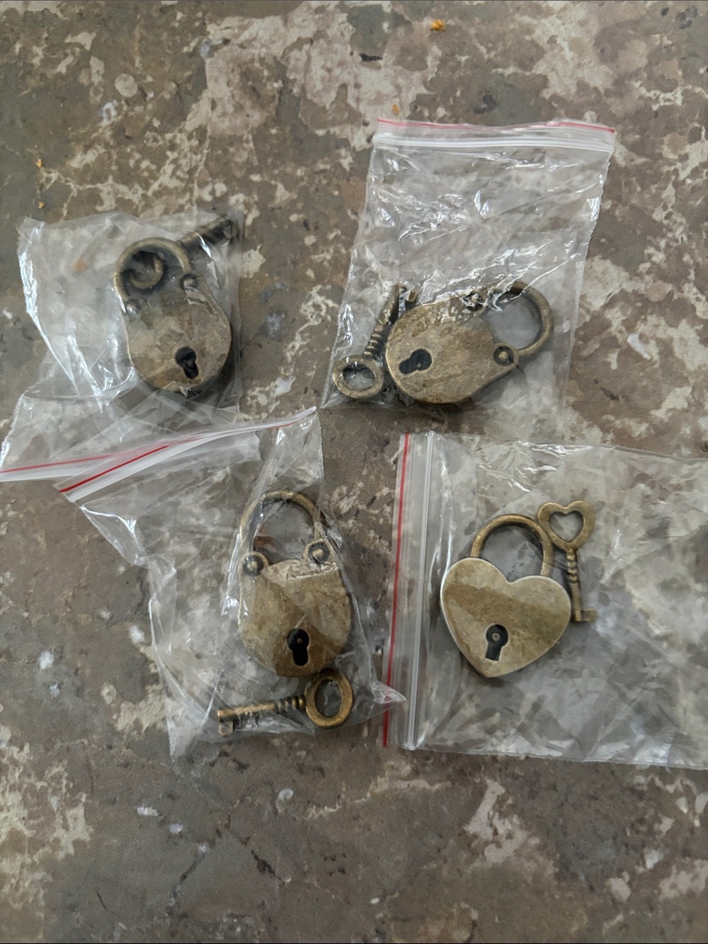 Antique Brass Heart & Oval Padlock Charms with Keys (4pcs)